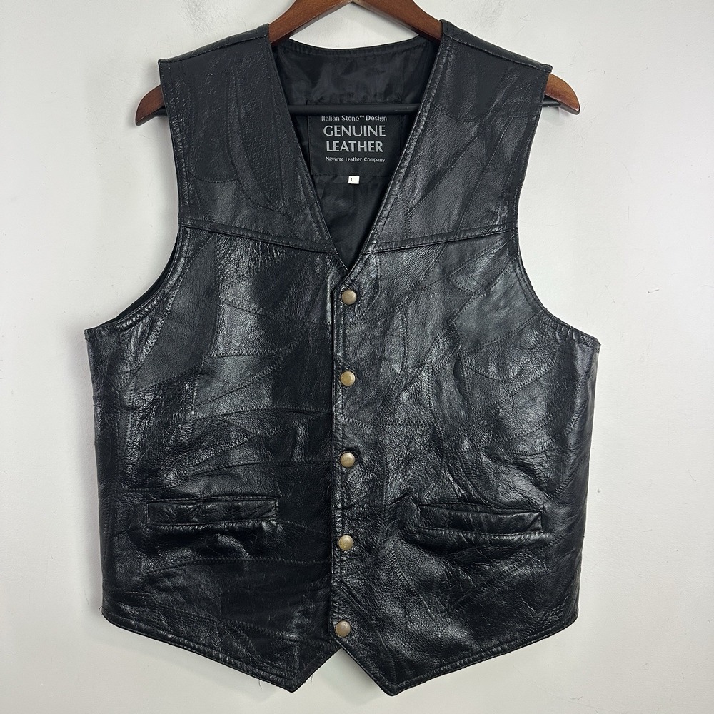 Navarre Leather Co Mens L Black Genuine Leather Vest Italian Stone Design Biker